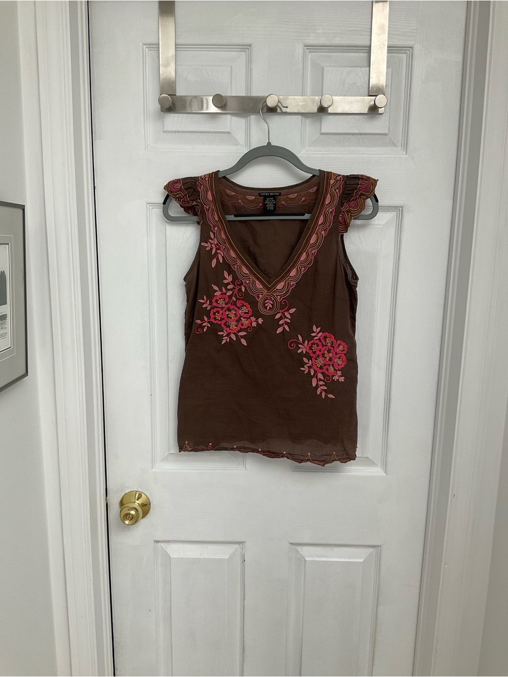 Lucky Brand Brown Top with Pink Floral Embroidery